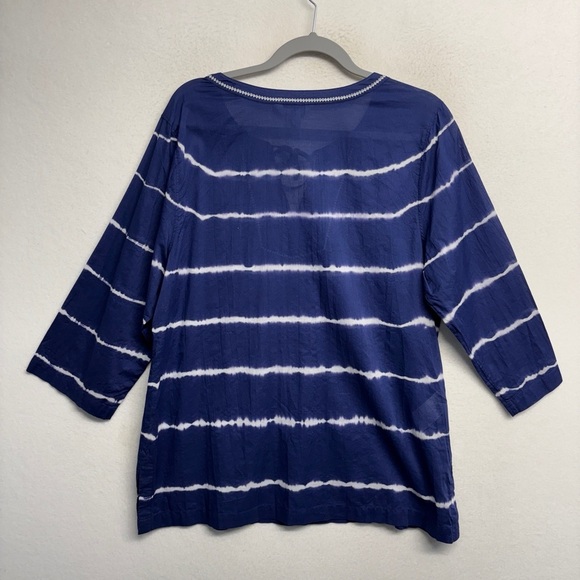 Tommy Bahama, navy blue cotton tunic blouse L striped floral embroidered - Picture 2 of 6